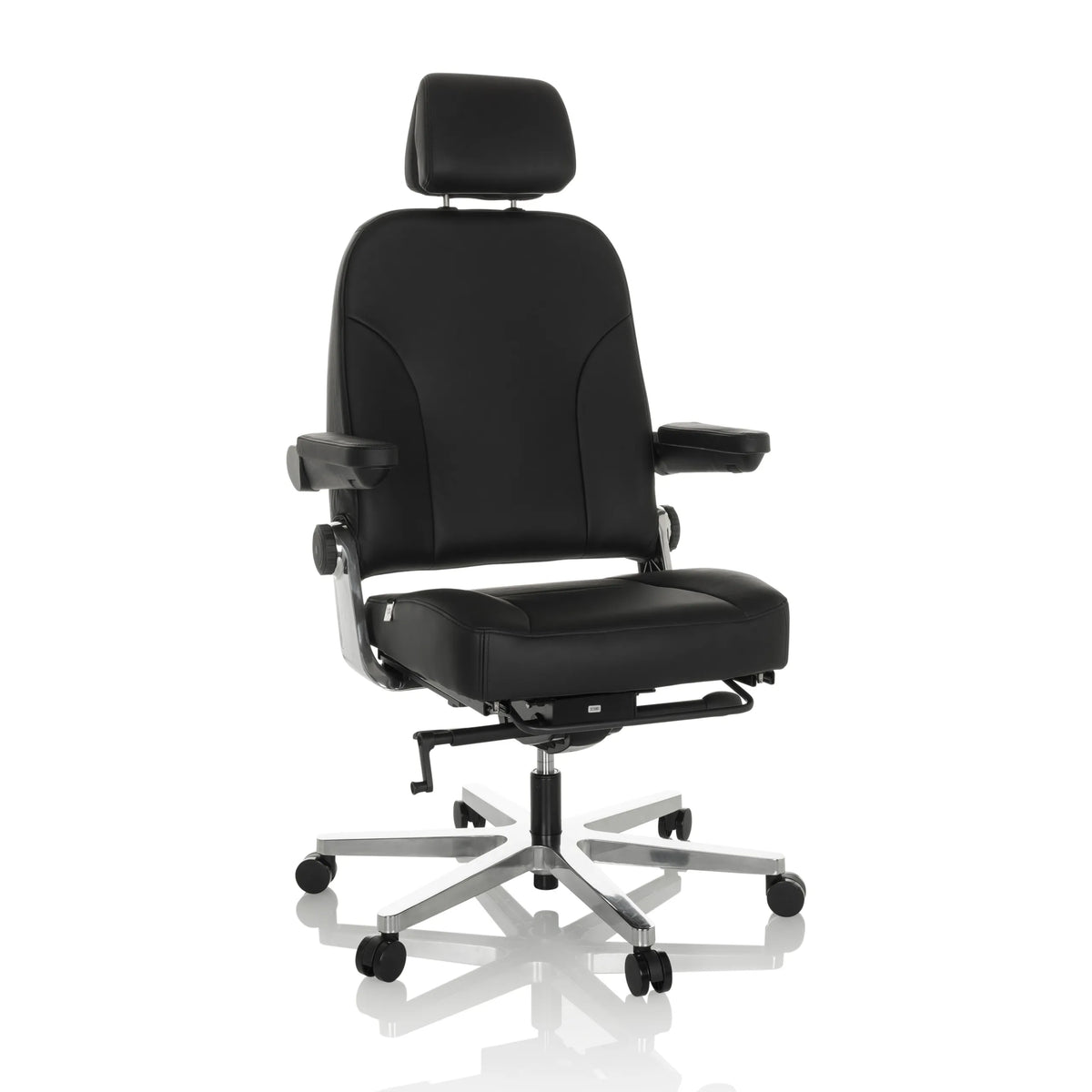 Sedia girevole XXL 24 HOURS F nera in pelle con poggiatesta e base a cinque ruote di hjh OFFICE – vista a 360° (vista frontale 15°)