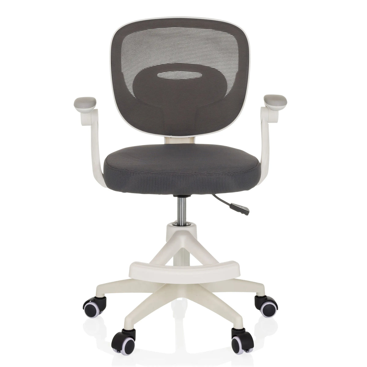Sedia girevole per bambini KIDDY SMART grigia con schienale in rete e base bianca a cinque ruote di hjh OFFICE – vista a 360° (vista frontale 0°)
