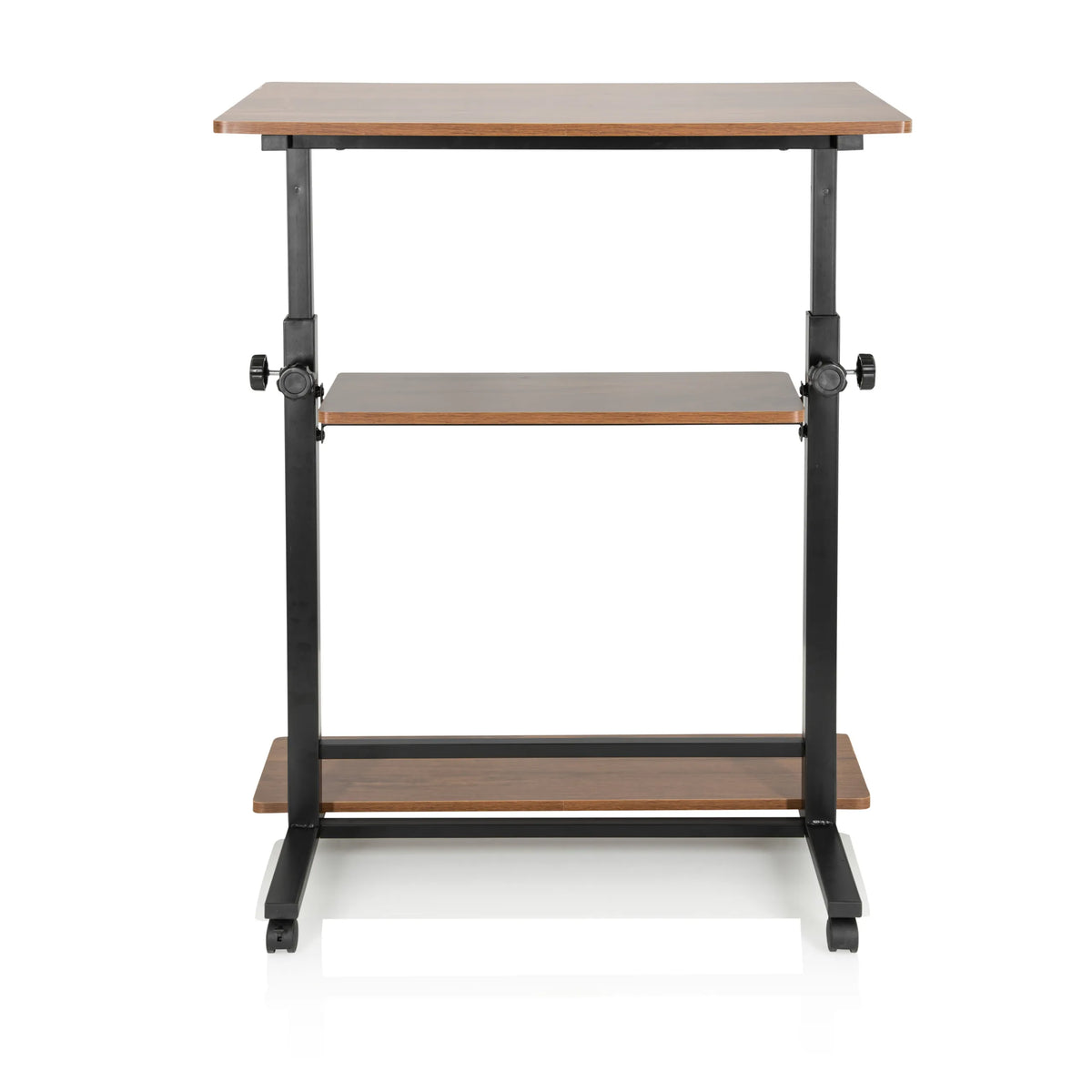 Scrivania in piedi WORKSTATION II color noce nero con due ripiani e ruote di hjh OFFICE – vista a 360° (vista frontale 0°)