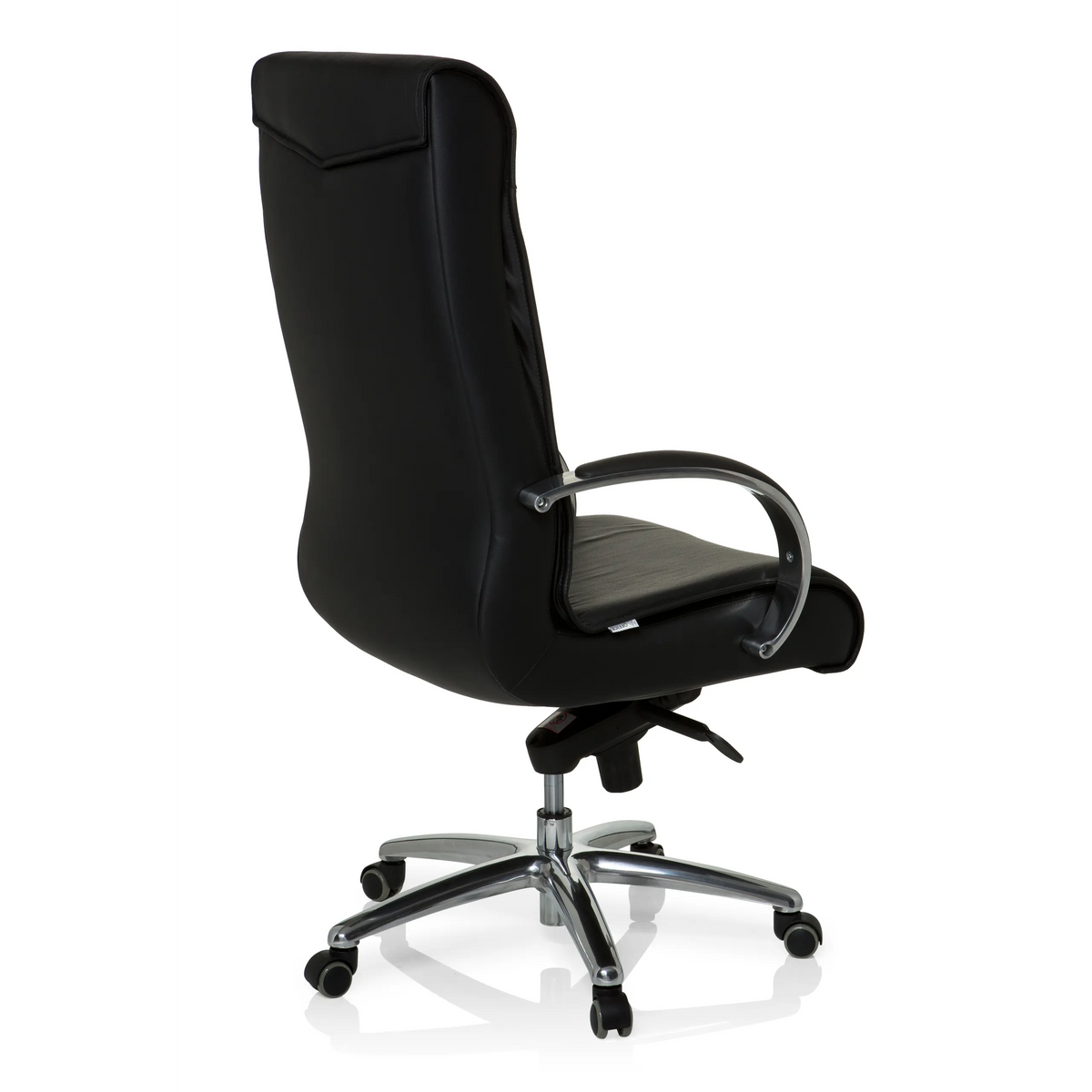 Sedia girevole XXL F 400 nera in pelle con base a stella e cinque ruote di hjh OFFICE – vista a 360° (vista posteriore a tre quarti 120°)