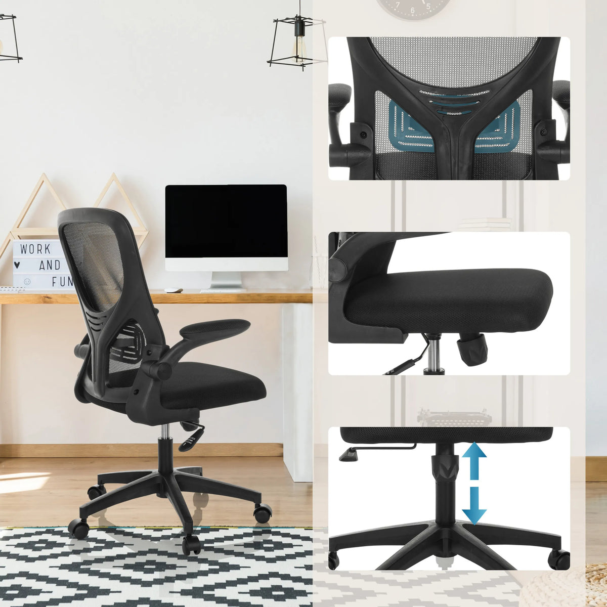 Sedia Home Office BELIO di colore nero con schienale in rete e regolazione dell'altezza di hjh OFFICE