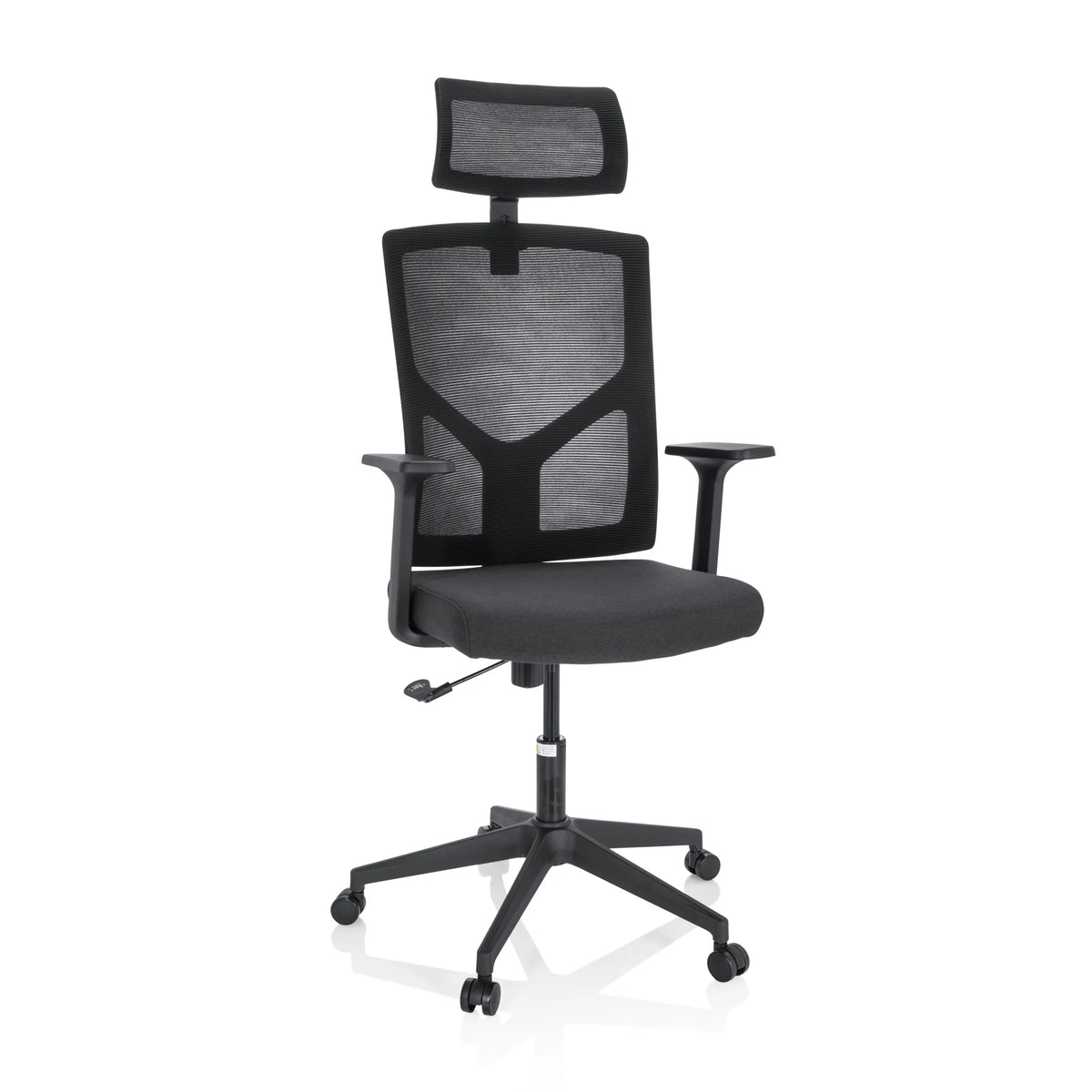 Sedia Home Office BRETON B nera con schienale in rete, poggiatesta e base a cinque ruote di hjh OFFICE – vista a 360° (vista frontale 20°)