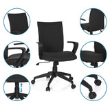 Sedia Home Office SOFT in nero con viste dettagliate del bracciolo, del pistone a gas e delle rotelle di hjh OFFICE
