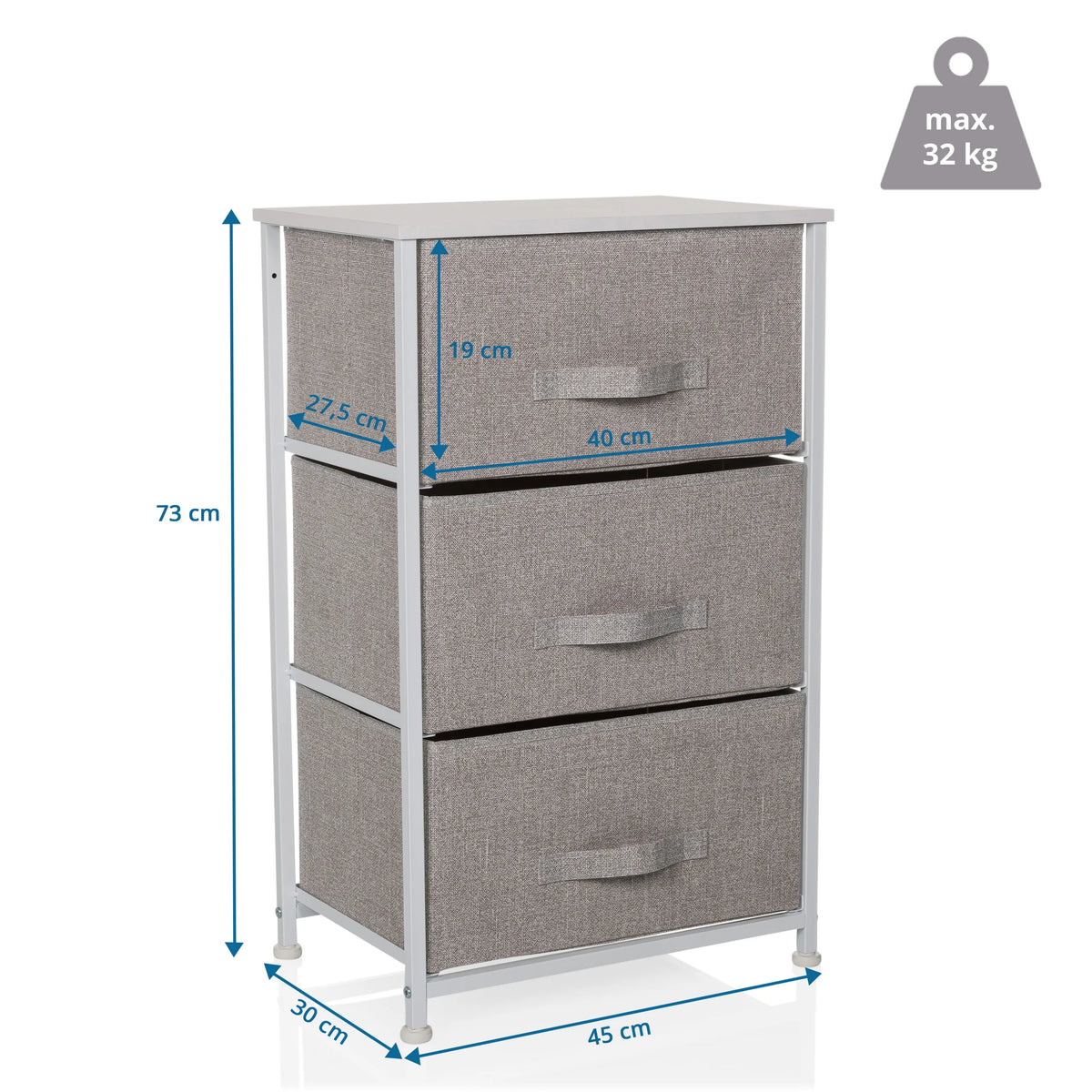Disegno tecnico della Cassettiera FOLDRESS M con un'altezza di 73 cm e un carico massimo di 32 kg di hjh LIVING