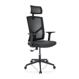 Schwarzer Homeoffice-Bürostuhl BRETON B mit Netzrücken, Kopfstütze und Fußkreuz mit fünf Rollen von hjh OFFICE – 360-Grad-Ansicht (schräge Frontansicht 40°)
