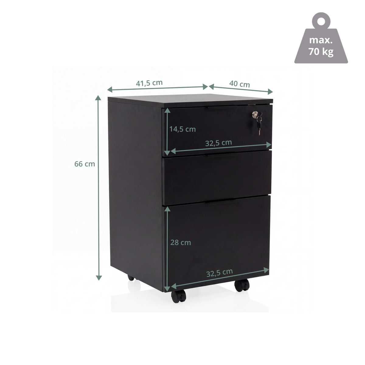 Disegno tecnico della cassettiera con rotelle DAVIK con un'altezza di 66 cm e una portata di 70 kg di hjh OFFICE