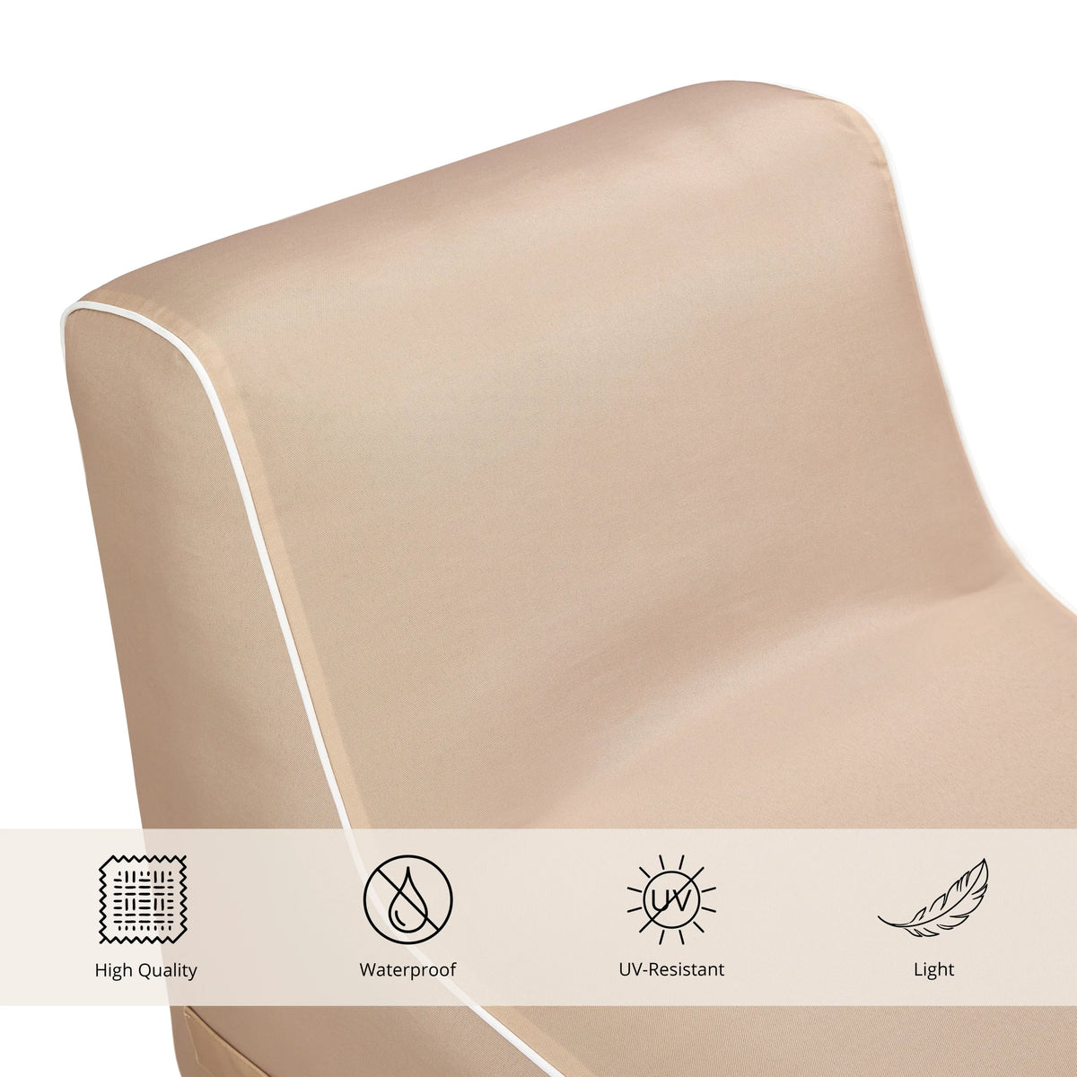 Dettaglio del materiale beige del Divano Gonfiabile Sitzolo Air con simboli di resistenza all'acqua e ai raggi UV di hjh LIVING