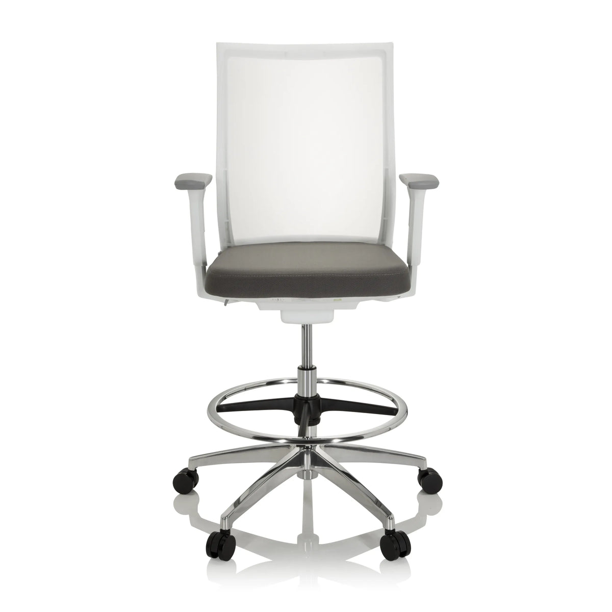Sedia da banco ASPEN WORK W grigia con schienale in rete, poggiapiedi e base a cinque ruote di hjh OFFICE – vista a 360° (vista frontale 0°)