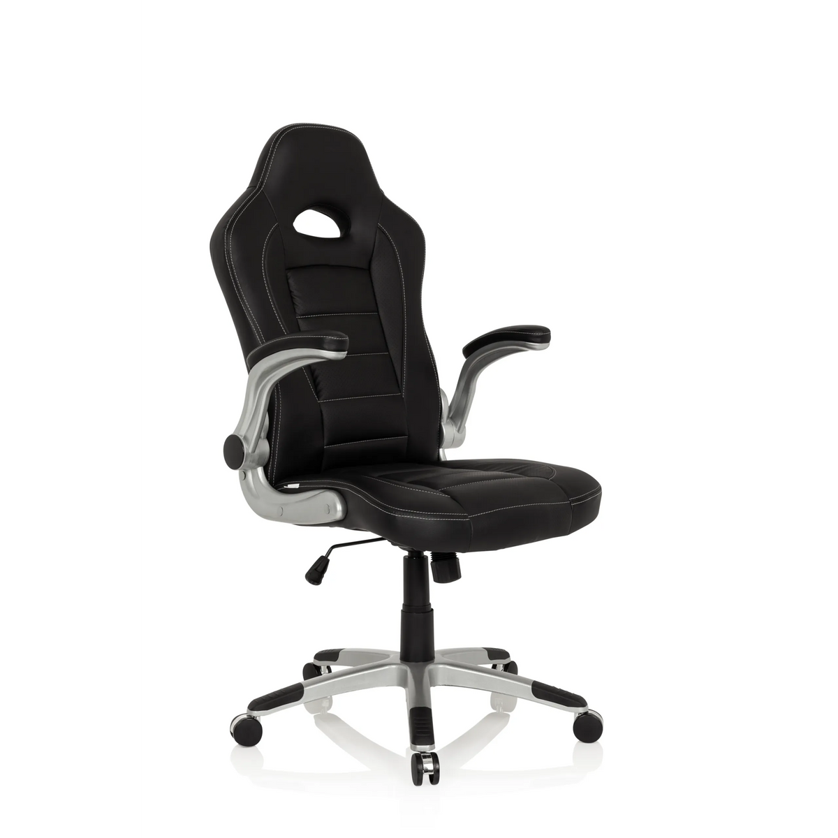 Sedia da gaming nera GAME SPORT con poggiatesta, braccioli e base argentata a cinque ruote di hjh OFFICE – vista a 360° (vista frontale 20°)