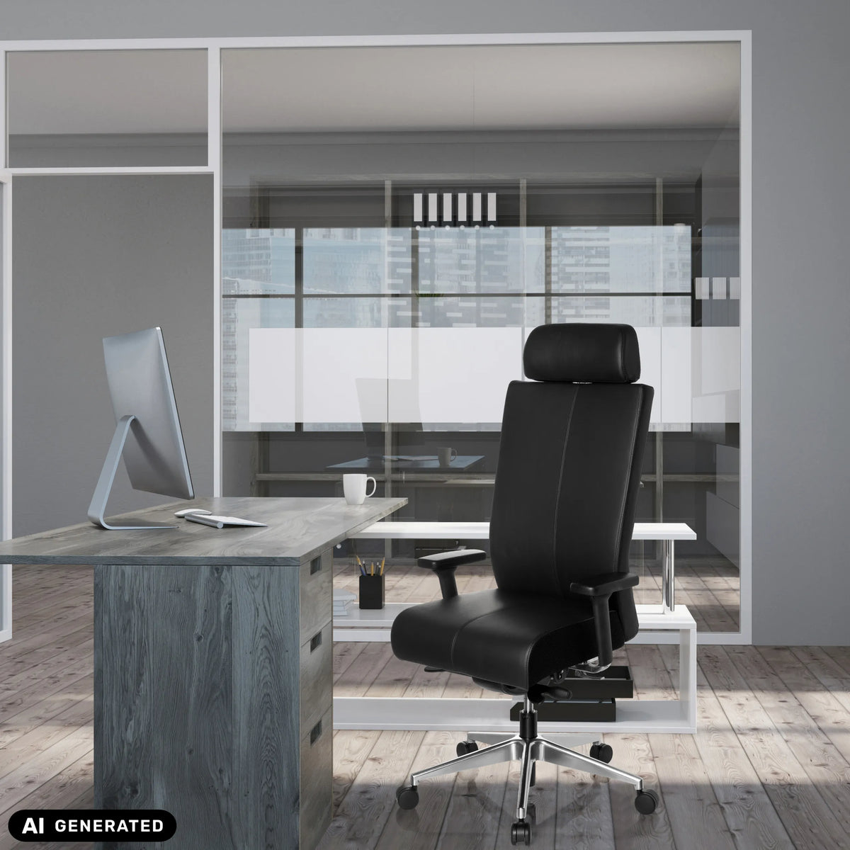 Sedia da ufficio professionale PRO-TEC XXL in pelle nera con poggiatesta a una scrivania di hjh OFFICE (immagine generata dall’IA)