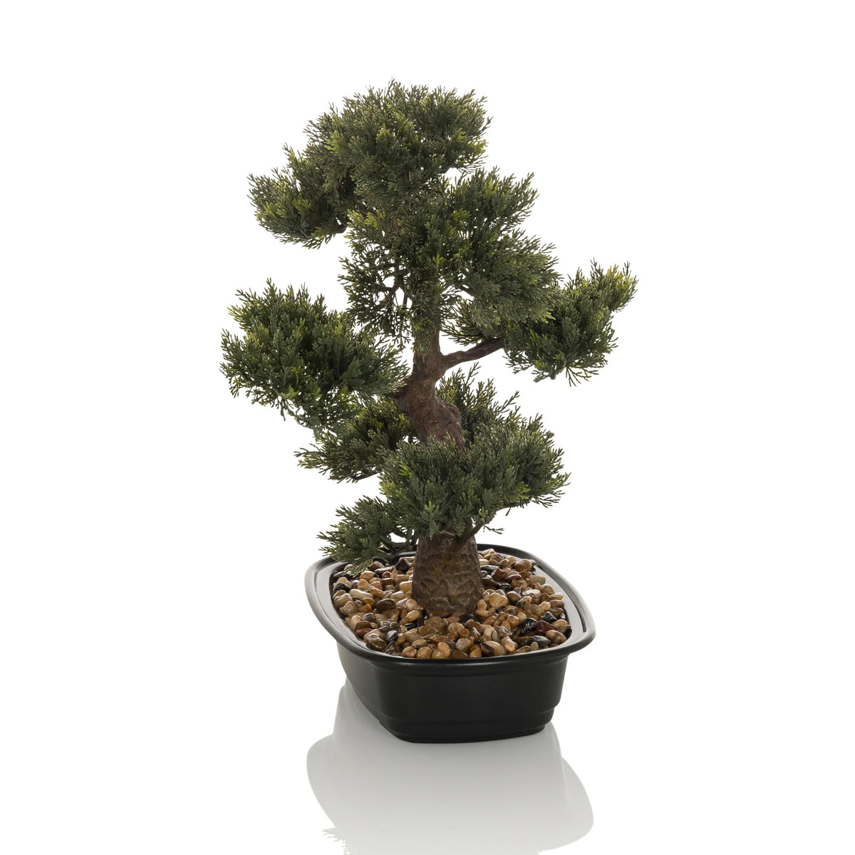 Piante artificiali verde BONSAI a forma di bonsai in un vaso nero con ghiaia di hjh OFFICE – vista a 360° (vista frontale 0°)