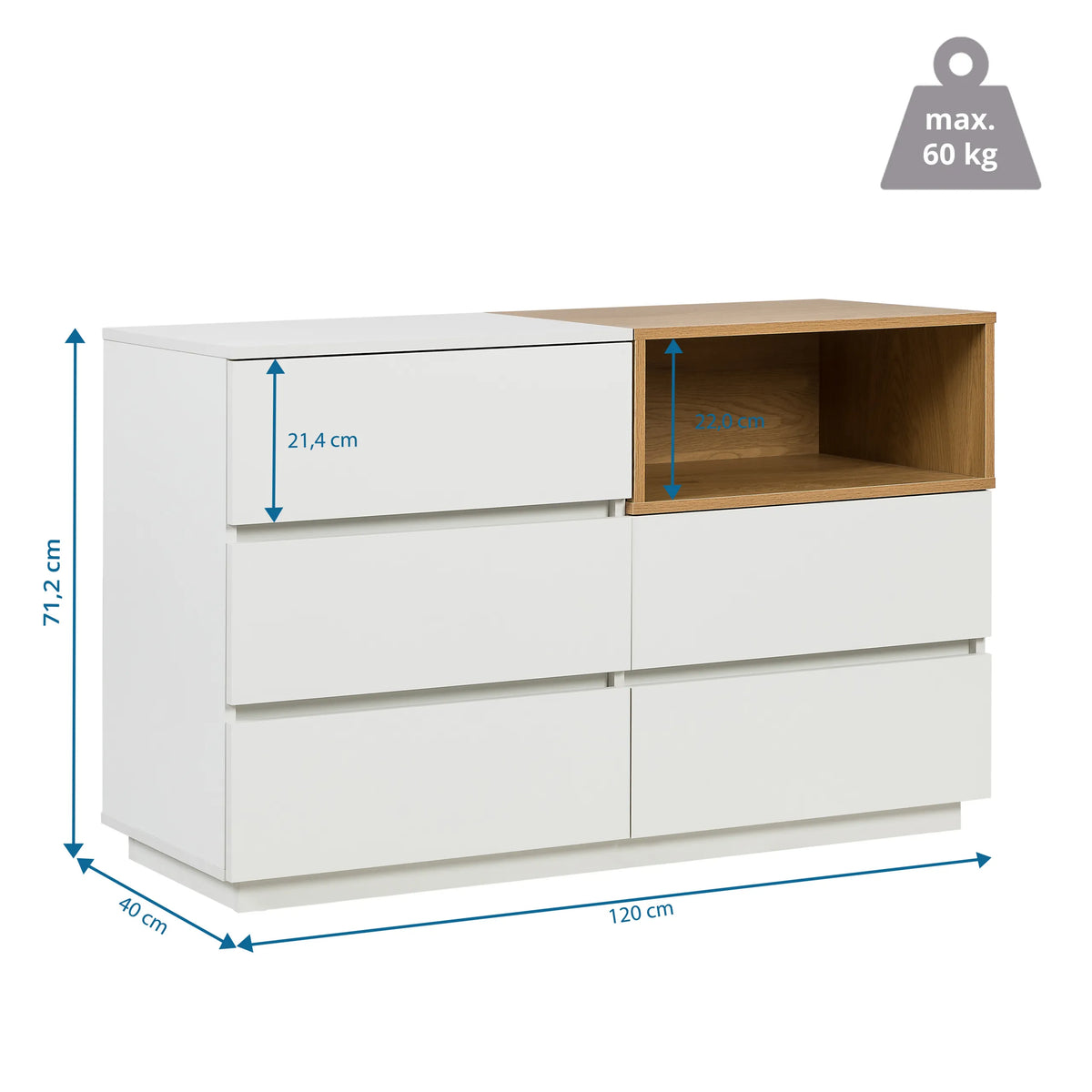 Disegno tecnico della Madia MELMO S in bianco e rovere, 120 × 40 cm, di hjh LIVING