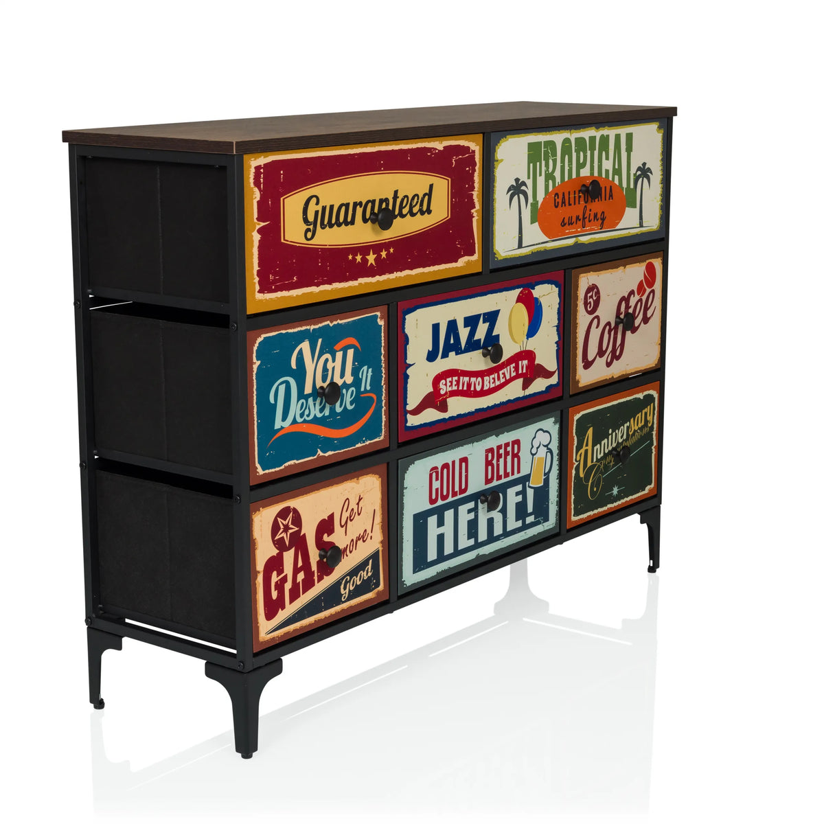 Cassettiera AMERIKO B con sei cassetti vintage stampati colorati e gambe nere di hjh LIVING – vista a 360° (vista frontale a tre quarti 45°)