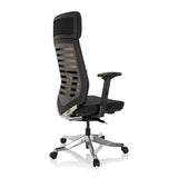 Sedia da ufficio professionale ASGON nera con schienale in rete e base a cinque ruote di hjh OFFICE – vista a 360° (vista posteriore a tre quarti 120°)