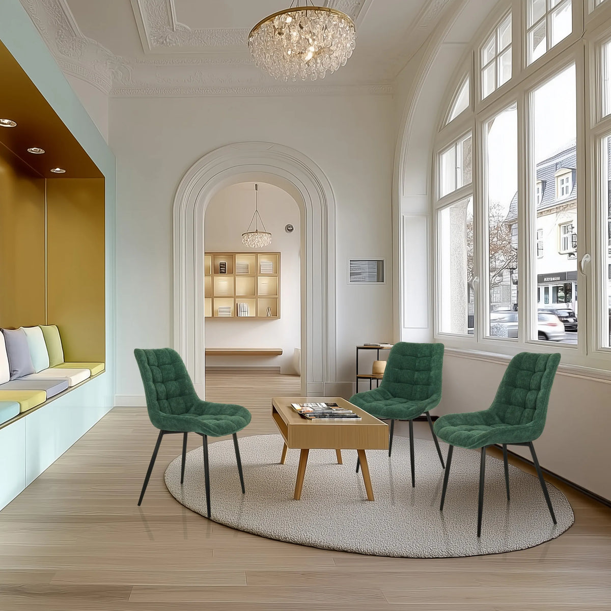 Tre sedie per sala da pranzo ELARIS color petrolio con imbottitura trapuntata e gambe nere di hjh LIVING