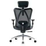 Vista posteriore della sedia da ufficio professionale M18-M148 in nero con schienale in rete, poggiatesta e base cromata di Sihoo