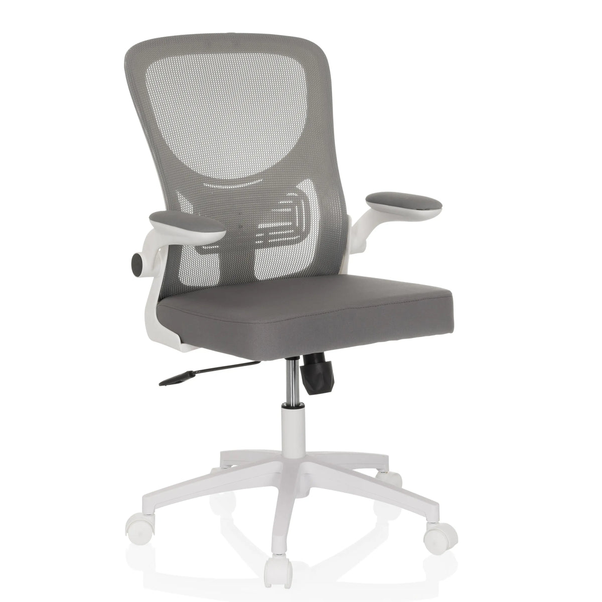 Sedia Home Office BELIO W grigia con schienale in rete e base bianca a cinque ruote di hjh OFFICE – vista a 360° (vista frontale a tre quarti 30°)