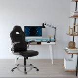 Sedia da gaming nera GAME SPORT con braccioli e rotelle a una scrivania di hjh OFFICE