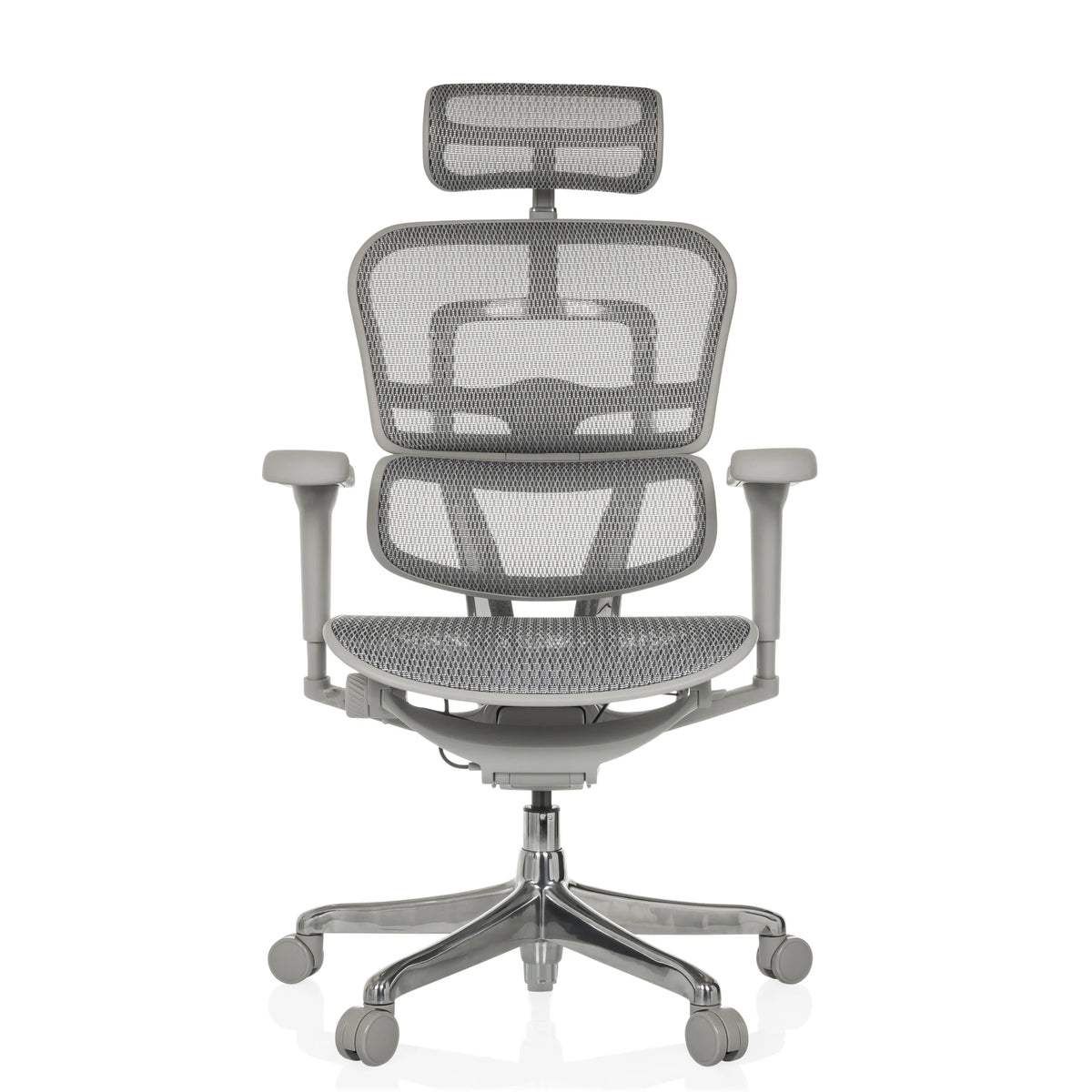 Grauer Luxus-Chefsessel ERGOHUMAN ULTRA G GEN2 mit Netzbezug und Fußkreuz mit fünf Rollen von hjh OFFICE – 360-Grad-Ansicht (Frontansicht 0°)