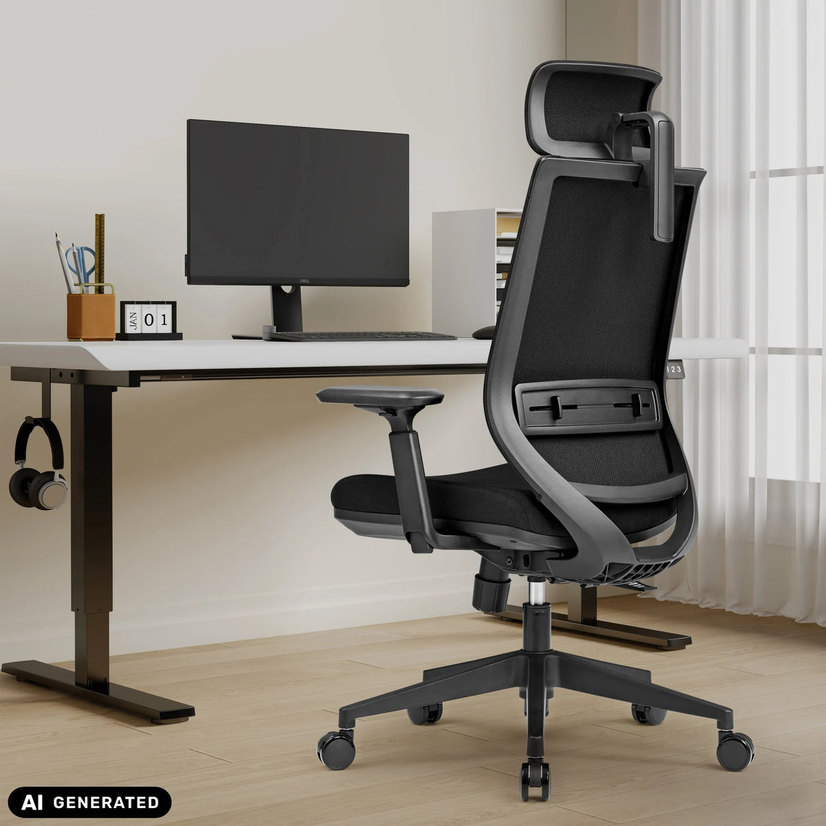 Sedia da ufficio professionale Profondo F nera con poggiatesta e schienale in rete a una scrivania di hjh OFFICE (immagine generata dall’IA)