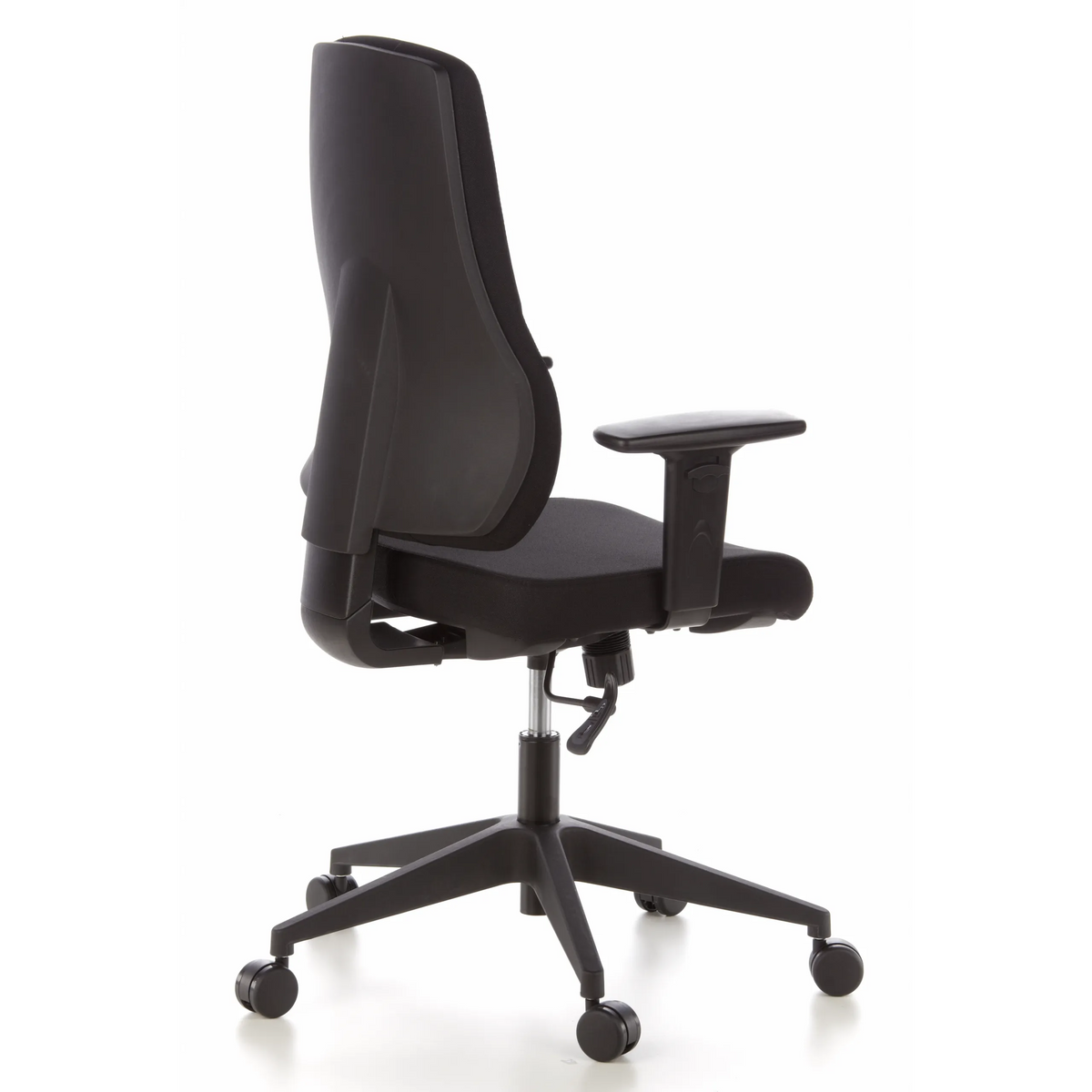 Sedia da ufficio professionale PRO-TEC 100 nera con braccioli e base a cinque ruote di hjh OFFICE – vista a 360° (vista posteriore a tre quarti 120°)