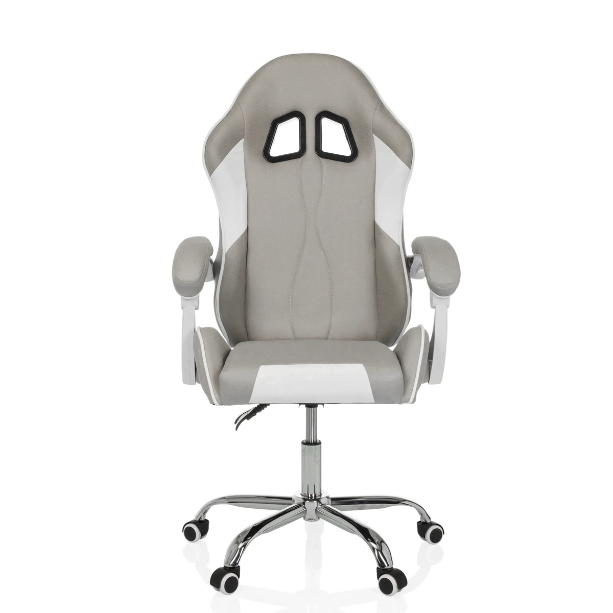 Sedia da gaming GAMEBREAKER W03 grigio-bianca con due aperture per il poggiatesta e base a cinque ruote di MyBuero – vista a 360° (vista frontale 0°)