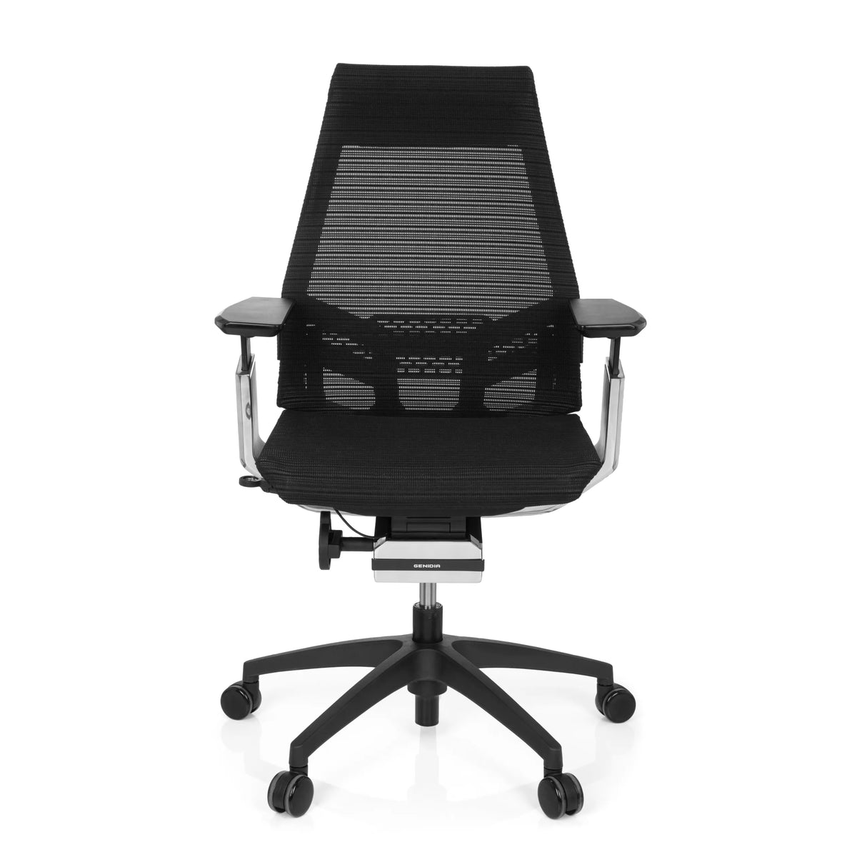Sedia da ufficio professionale GENIDIA SMART BLACK CM nera con schienale in rete e base a cinque ruote di hjh OFFICE – vista a 360° (vista frontale 0°)