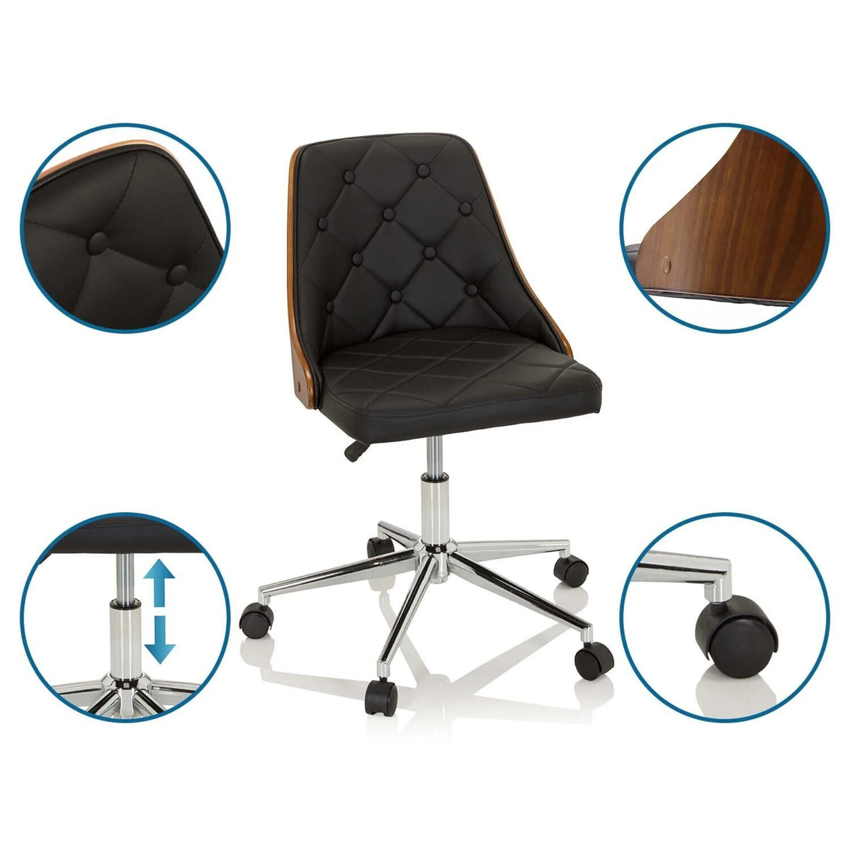 Sedia Home Office CENCA in nero con lavorazione capitonné, schienale in legno e base regolabile in altezza di hjh OFFICE