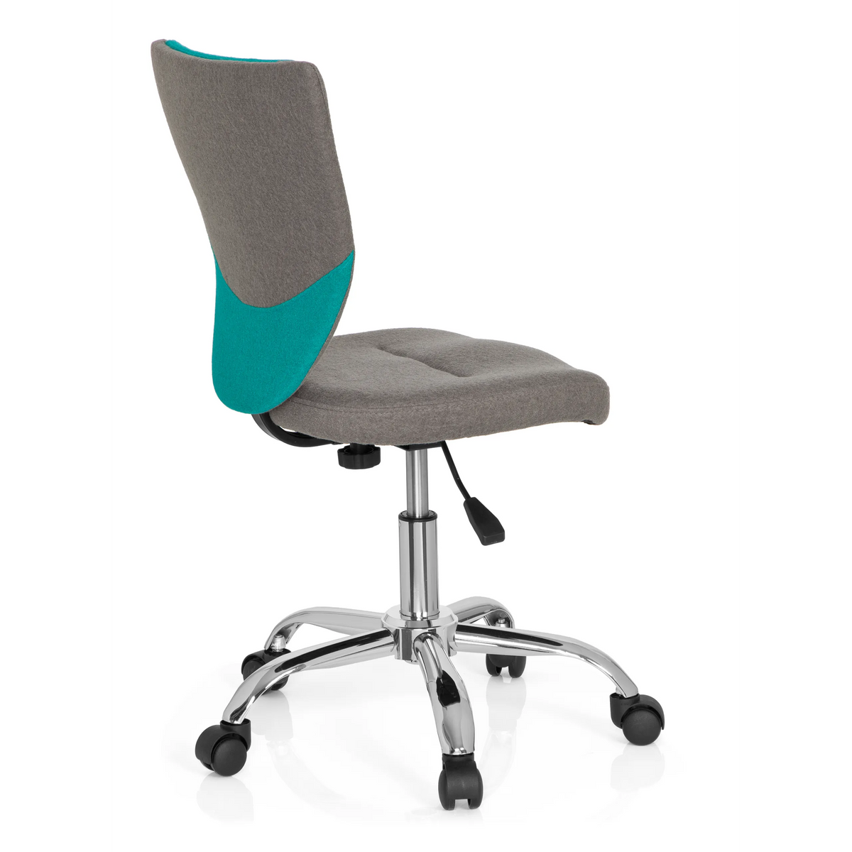 Sedia girevole per bambini KIDDY COMFORT grigio-turchese con base a stella e cinque rotelle di hjh OFFICE – vista a 360° (vista posteriore a tre quarti 120°)