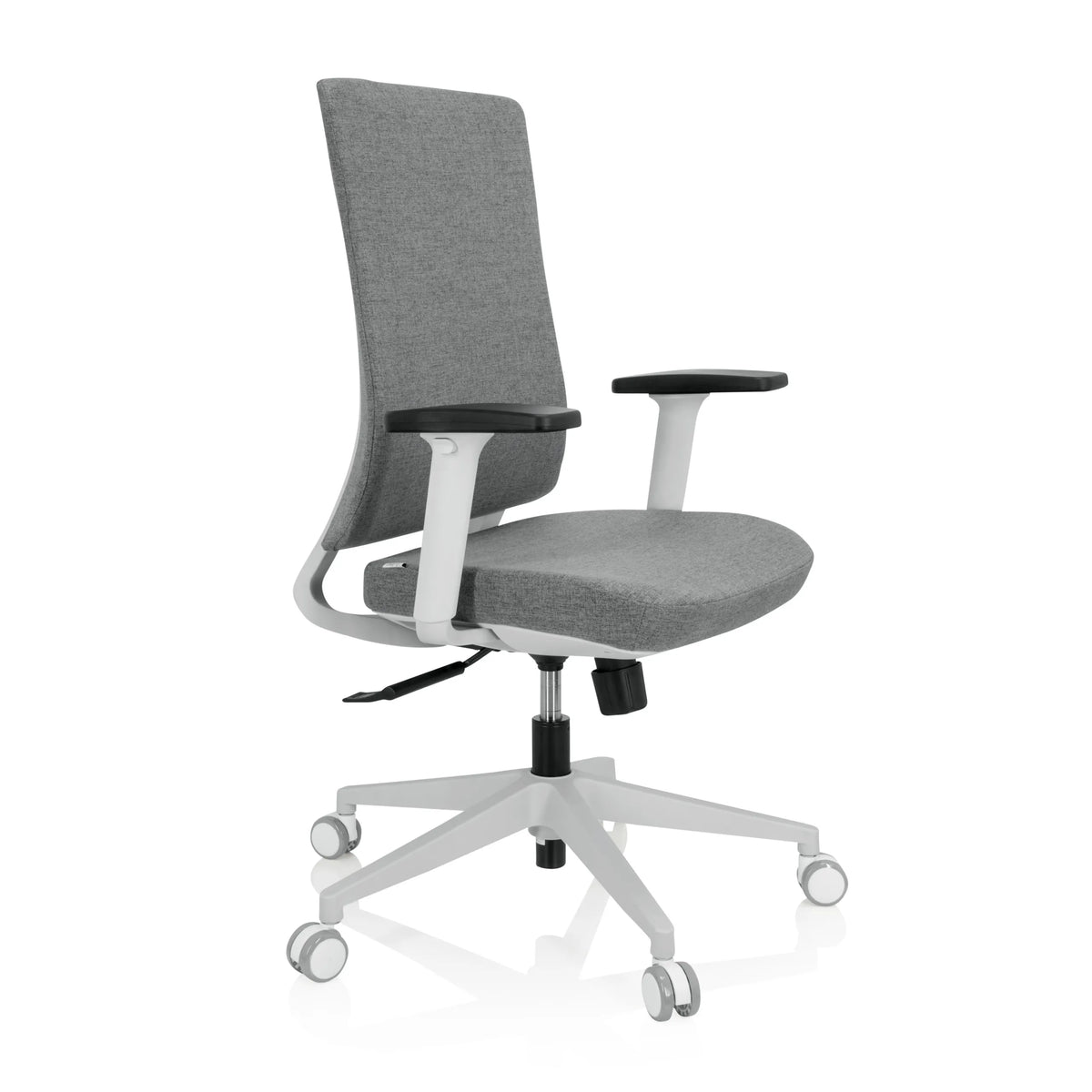 Sedia da ufficio professionale COMFIO WP grigia con braccioli e base bianca a cinque ruote di hjh OFFICE – vista a 360° (vista frontale a tre quarti 60°)