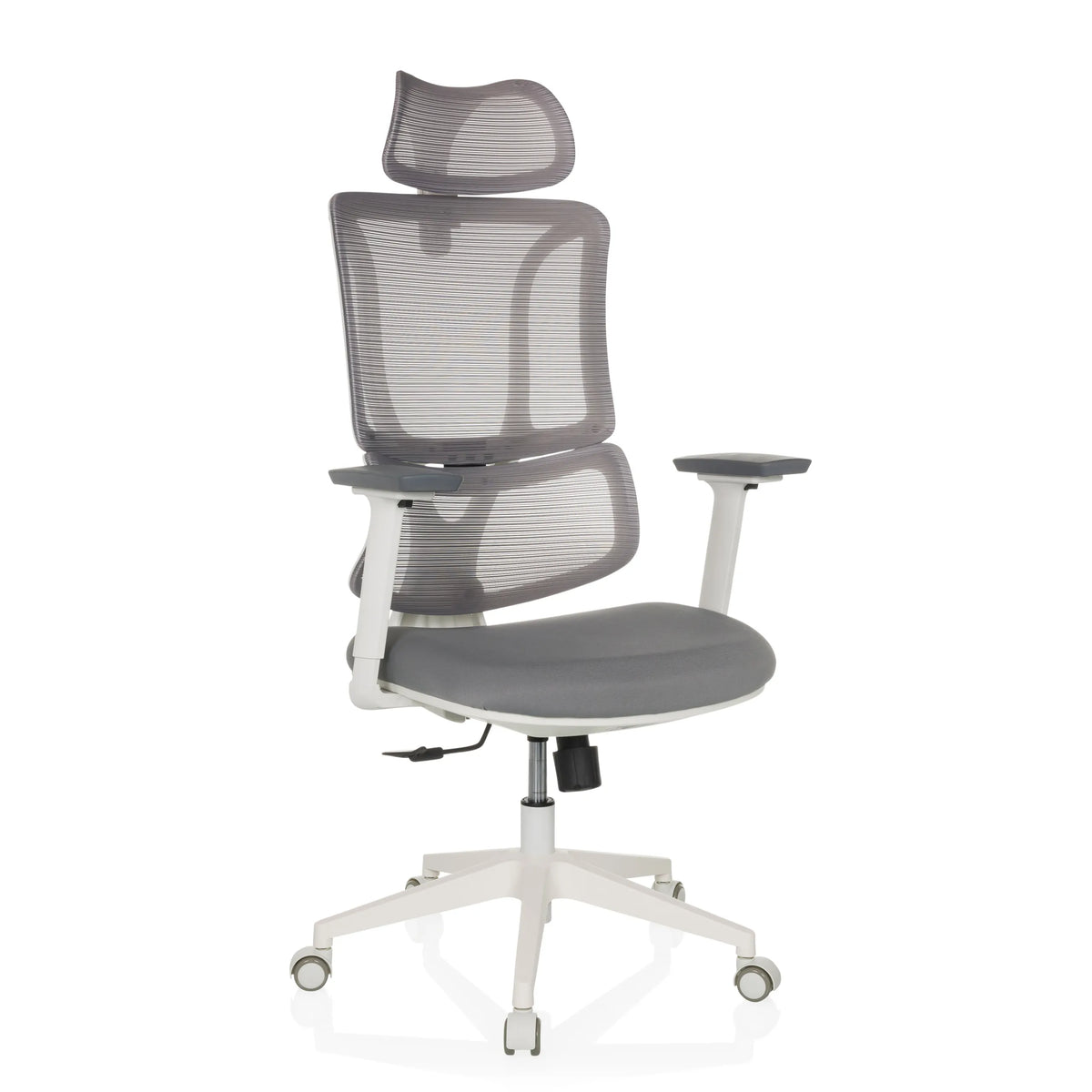 Sedia da ufficio professionale ERGOMY W grigia con schienale in rete e base bianca a cinque ruote di MyBuero – vista a 360° (vista frontale 15°)
