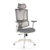 Sedia da ufficio professionale ERGOMY W grigia con schienale in rete e base bianca a cinque ruote di MyBuero – vista a 360° (vista frontale 15°)