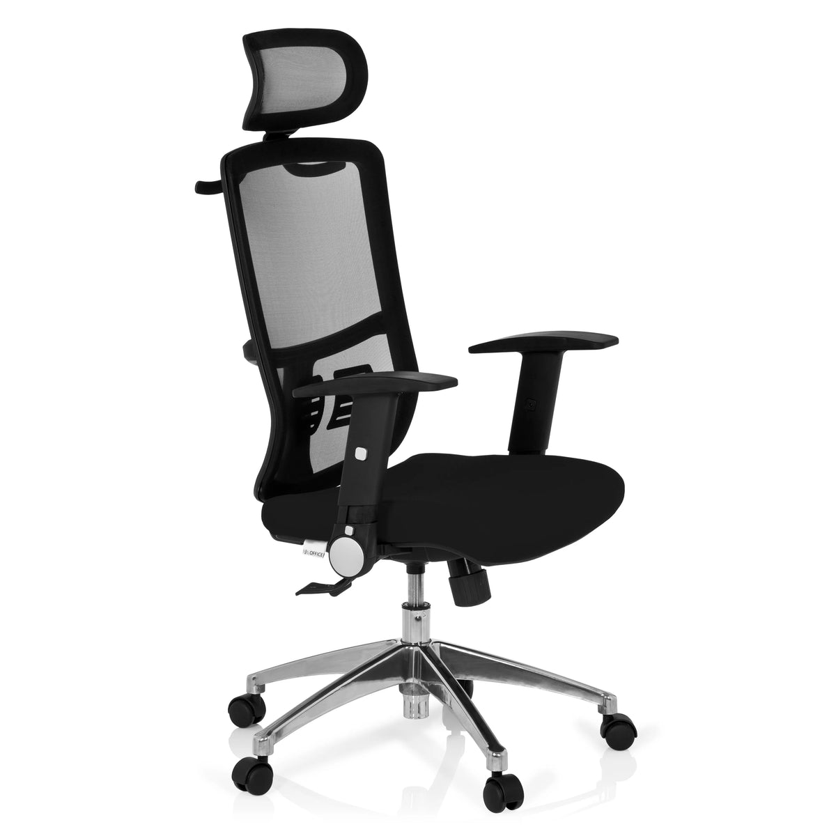 Sedia da ufficio professionale CAYEN nera con schienale in rete, poggiatesta e base a cinque ruote di hjh OFFICE – vista a 360° (vista frontale a tre quarti 60°)