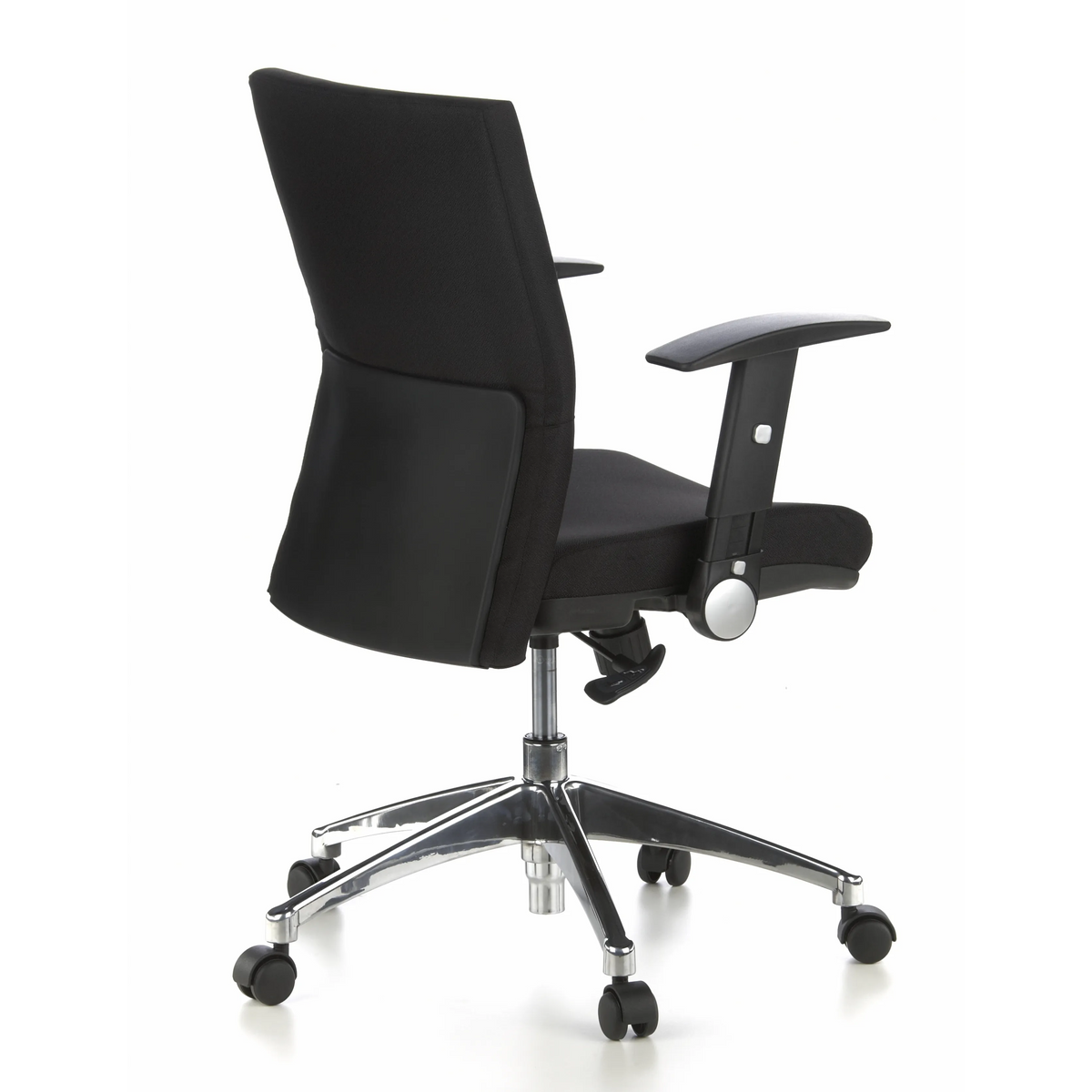 Sedia da ufficio professionale LAGUNA PRO nera con braccioli e base a cinque ruote di hjh OFFICE – vista a 360° (vista posteriore a tre quarti 120°)
