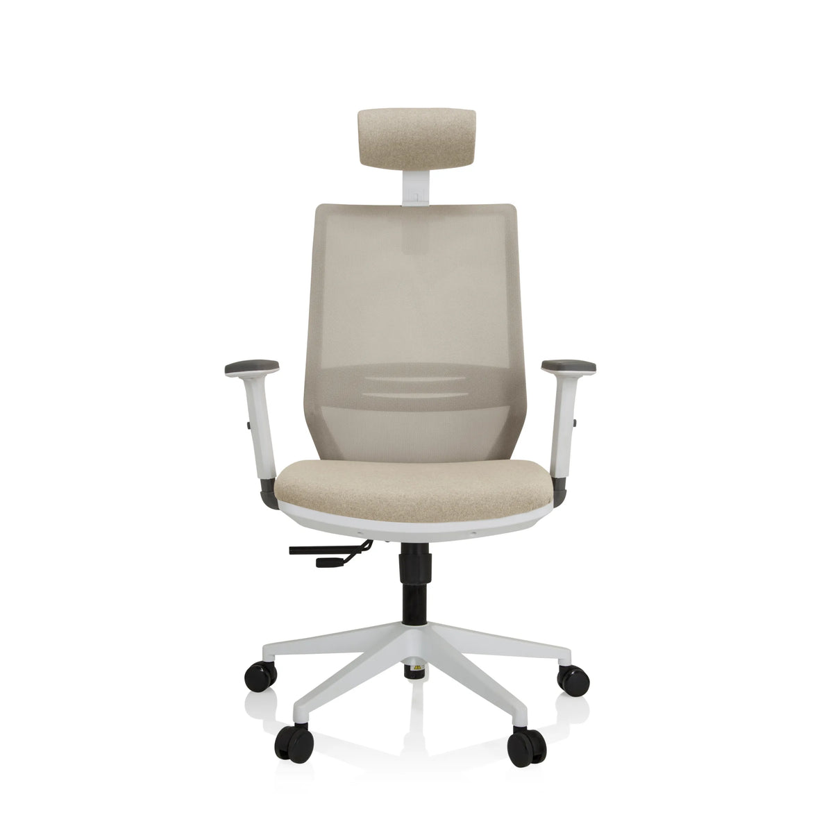Sedia da ufficio professionale PROFONDO PRO W beige con schienale a rete, poggiatesta e base bianca di hjh OFFICE – vista a 360° (vista frontale 0°)