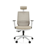 Sedia da ufficio professionale PROFONDO PRO W beige con schienale a rete, poggiatesta e base bianca di hjh OFFICE – vista a 360° (vista frontale 0°)