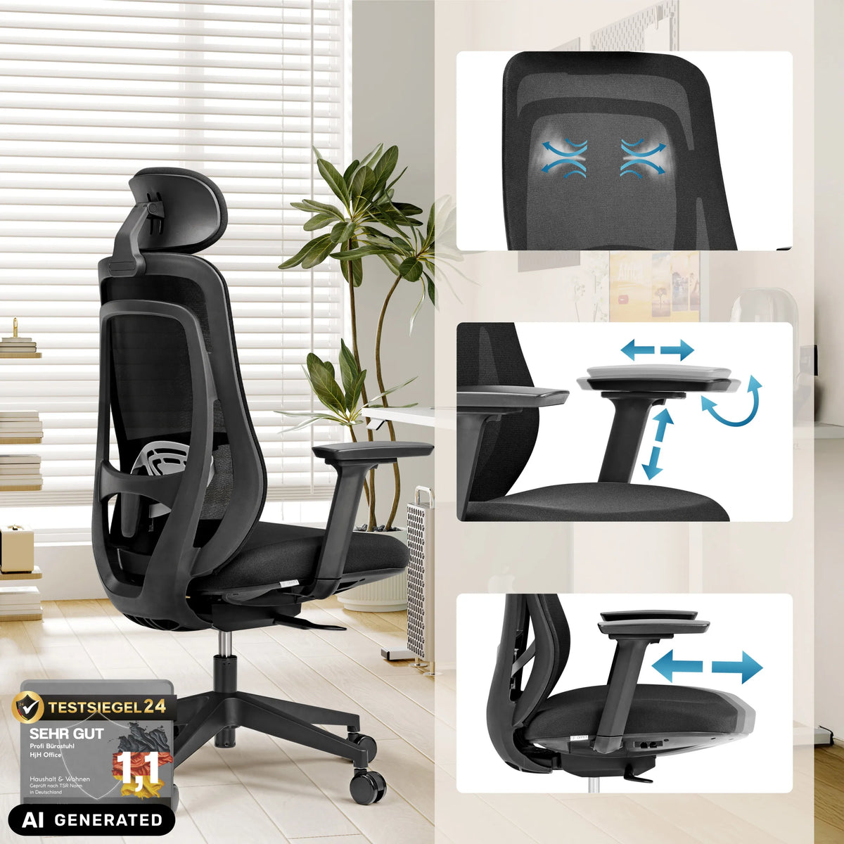 Sedia da ufficio professionale Vivadapt con poggiatesta regolabile e braccioli 3D di hjh OFFICE (immagine generata dall’IA)