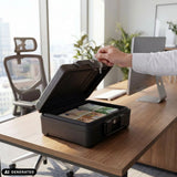 Cassaforte Safe Compact Slim aperta in nero con mazzette di denaro su una scrivania di hjh OFFICE (immagine generata dall’IA)