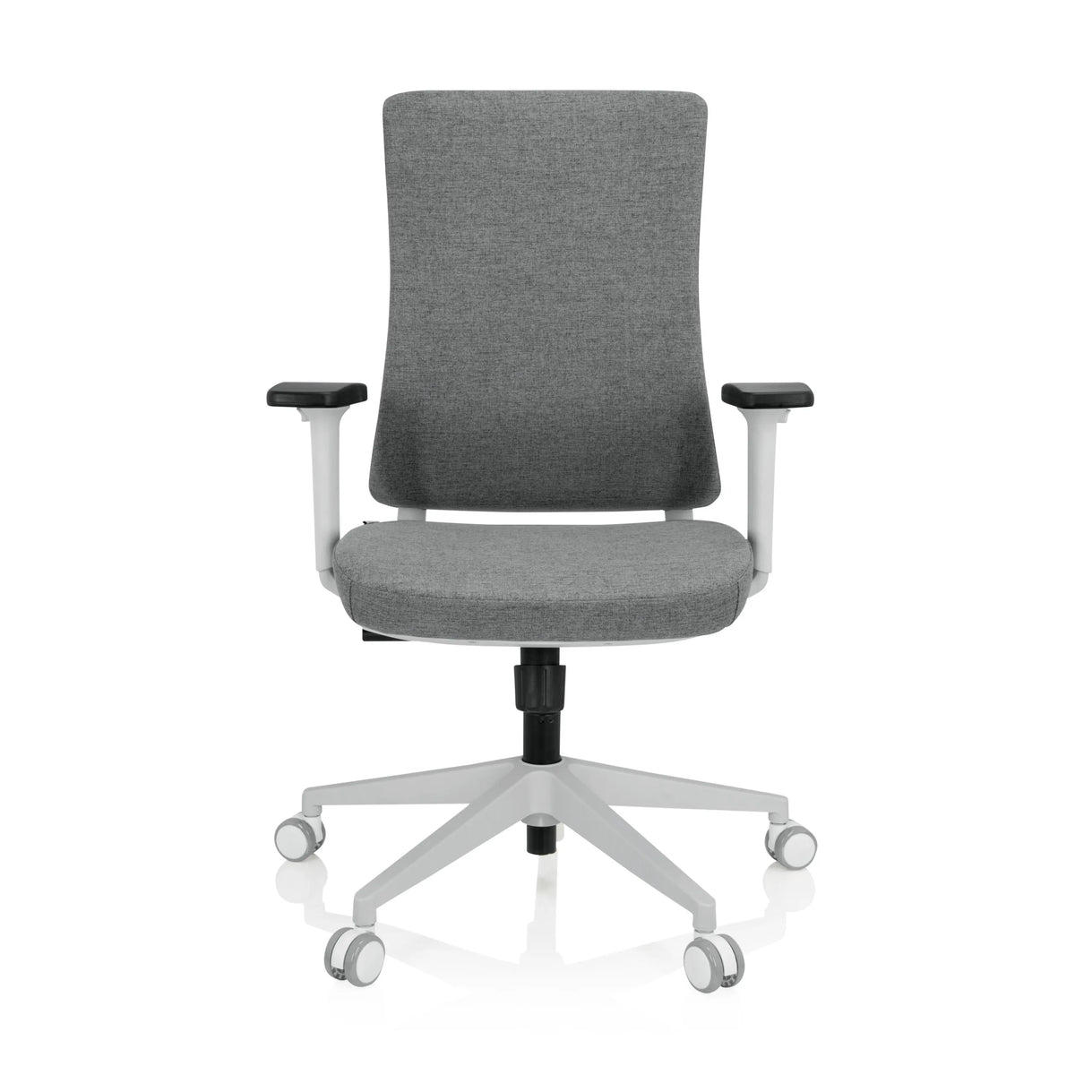 Sedia da ufficio professionale COMFIO WP grigia con braccioli e base bianca a cinque ruote di hjh OFFICE – vista a 360° (vista frontale 0°)