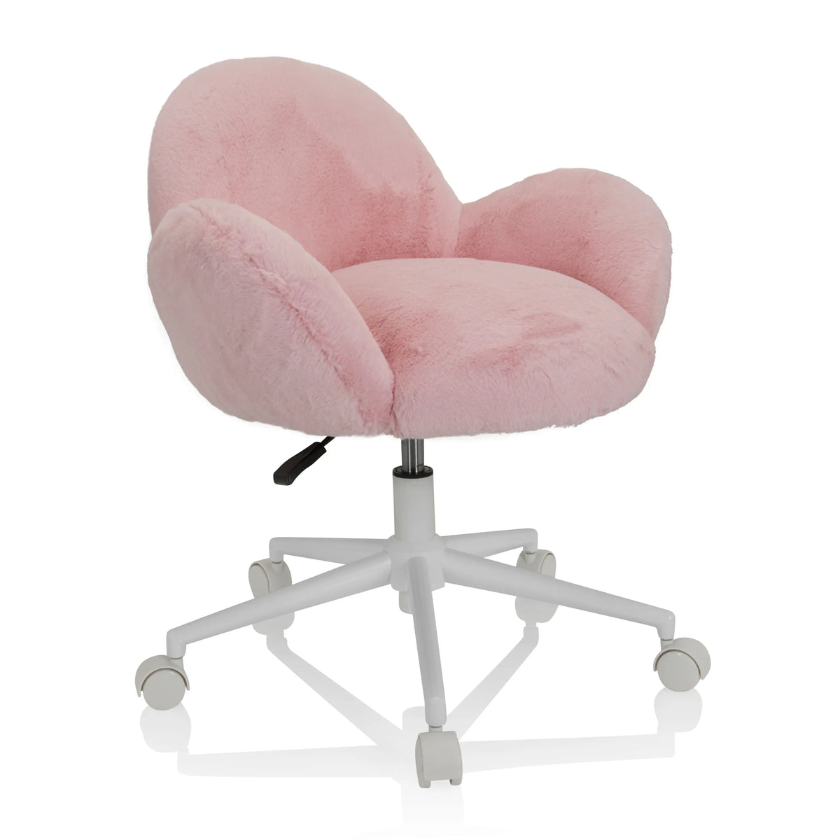 Sedia girevole per bambini KID TEDDY rosa con rivestimento soffice e base bianca a cinque ruote di hjh OFFICE – vista a 360° (vista frontale a tre quarti 40°)