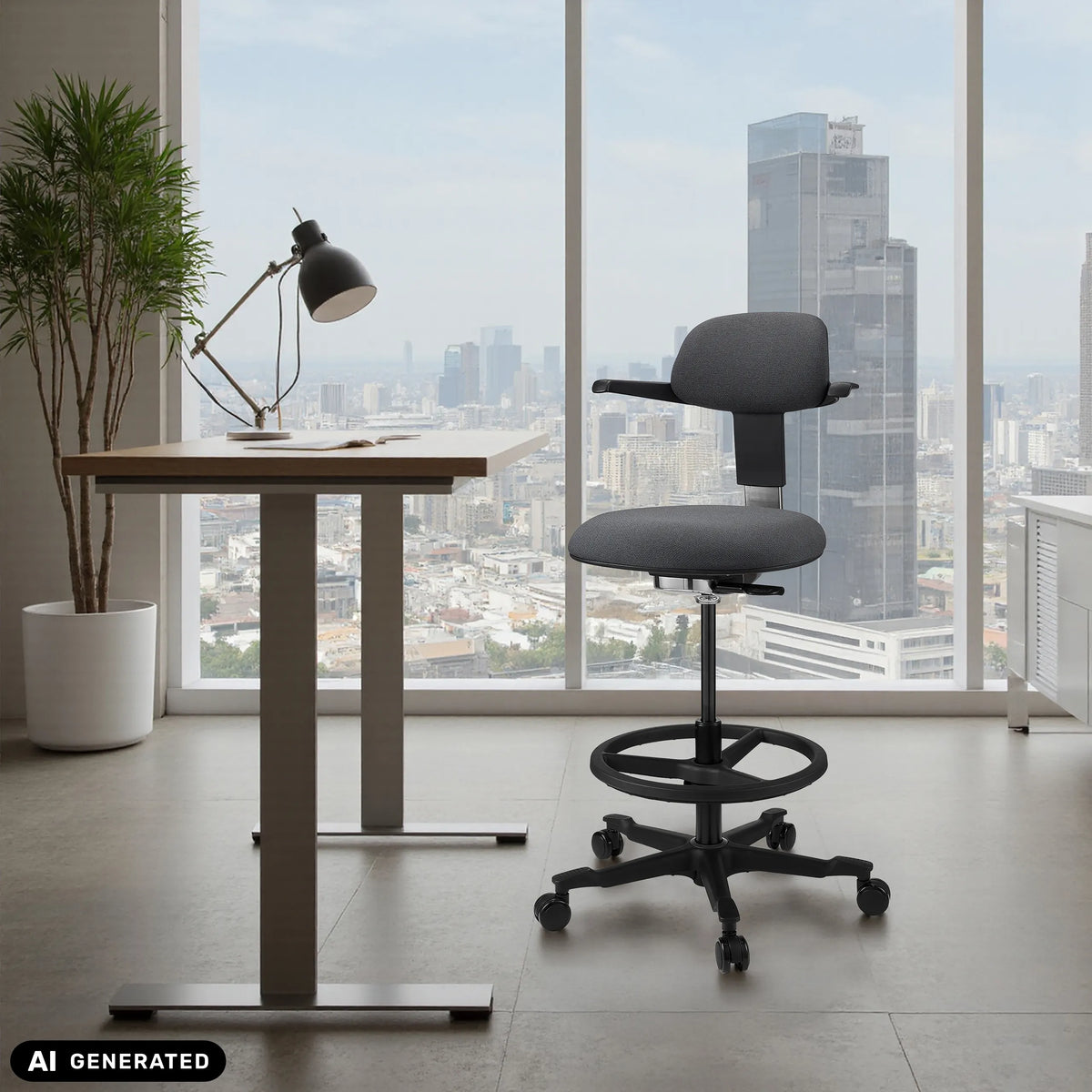 Sedia da lavoro TOP WORK 40 grigio scuro con poggiapiedi e rotelle davanti a una finestra di hjh OFFICE (immagine generata dall’IA)