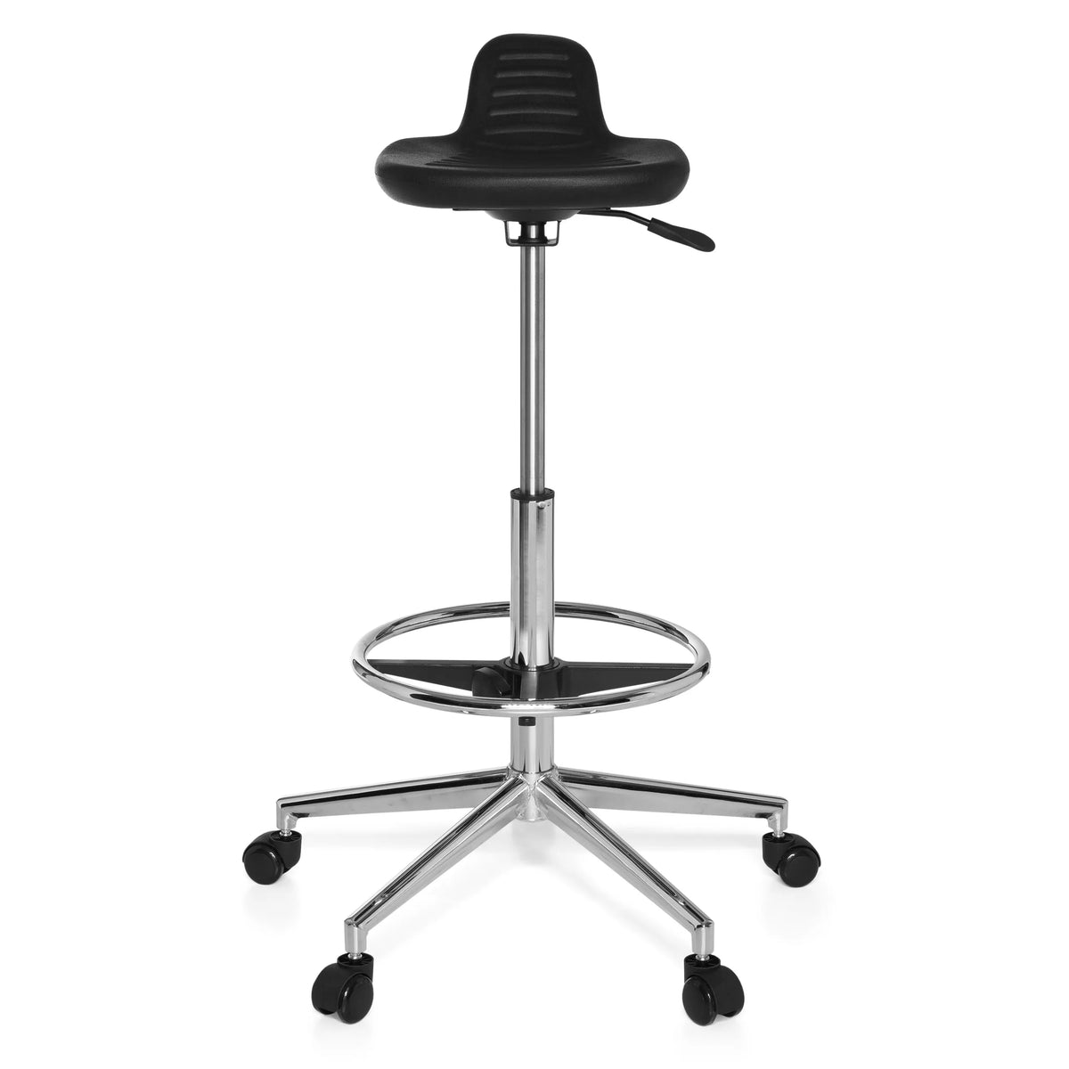 Sgabello girevole nero TOP WORK 03 con poggiapiedi e base a cinque ruote di hjh OFFICE – vista a 360° (vista frontale 0°)