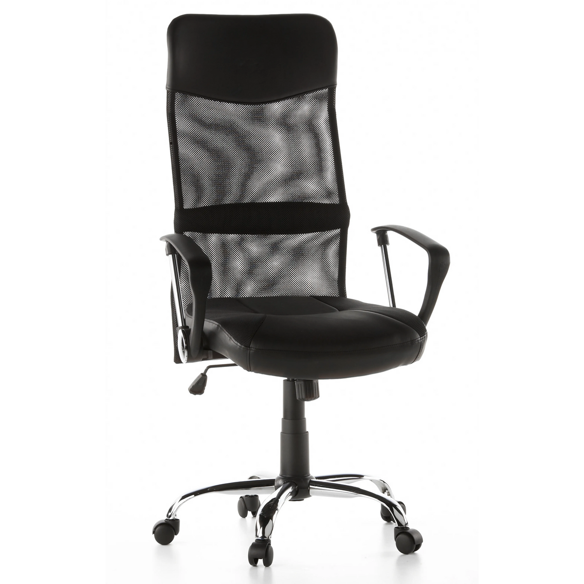 Schwarzer Homeoffice Chefsessel ARTON 20 mit Netzrücken und Fußkreuz mit fünf Rollen von hjh OFFICE – 360-Grad-Ansicht (Frontansicht 20°)