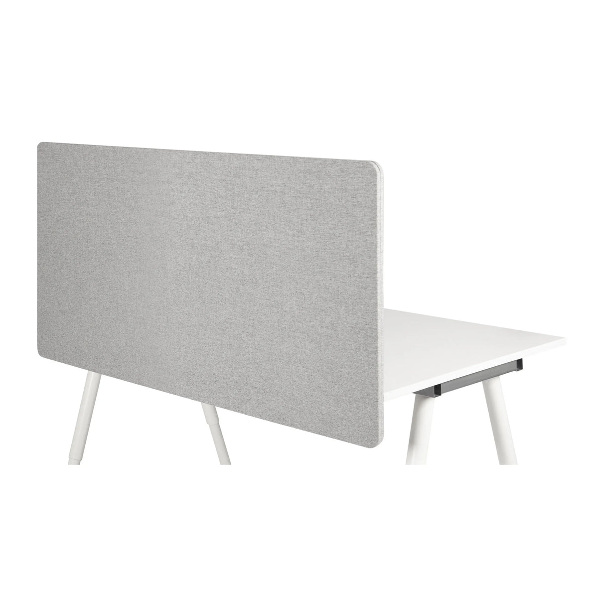 Divisorio per scrivania FLEXMIUT D 120 grigio chiaro mélange su una scrivania bianca di hjh OFFICE – vista a 360° (vista posteriore 180°)