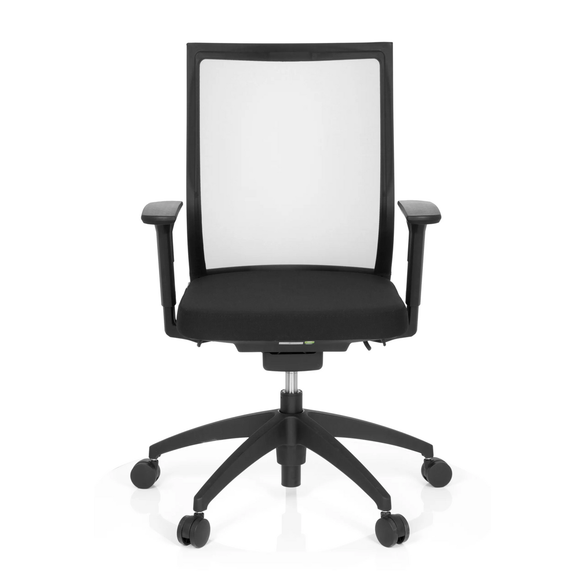 Sedia da ufficio professionale ASPEN nera con schienale in rete e base a cinque ruote di hjh OFFICE – vista a 360° (vista frontale 0°)
