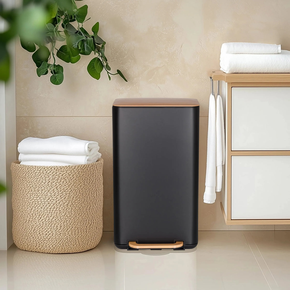 Cestini nero CLEAN NATURA con coperchio in legno di noce e maniglia di hjh OFFICE