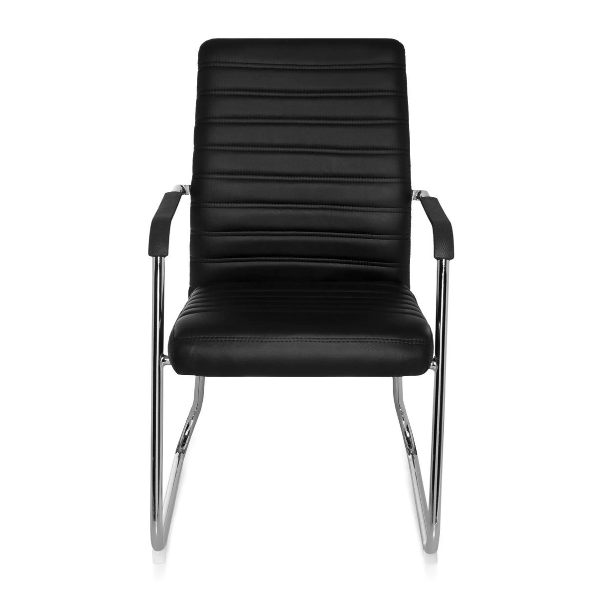 Sedia visitatore nera STEEL V con impunture trasversali e struttura a slitta di hjh OFFICE – vista a 360° (vista frontale 0°)