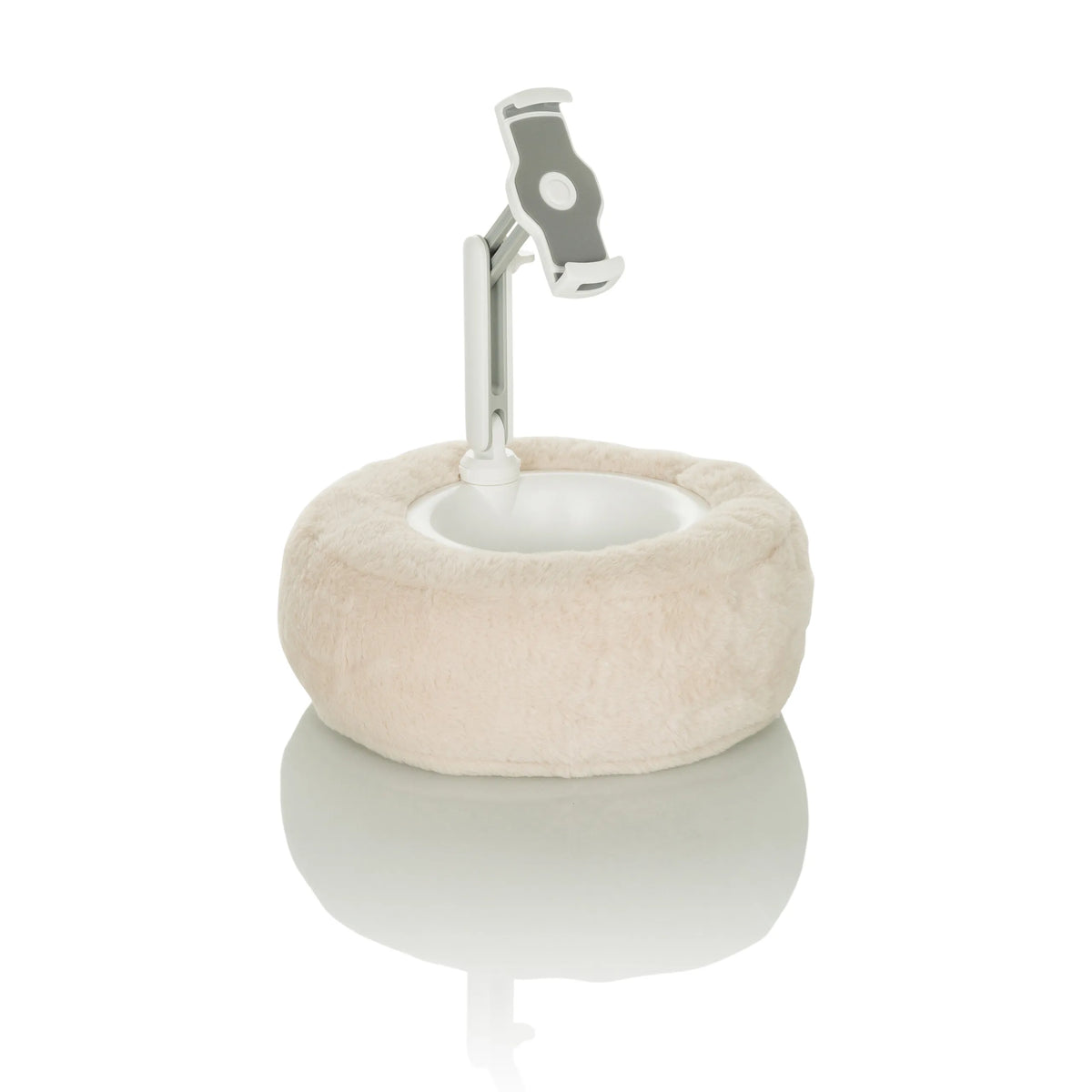 Supporto per cellulare e tablet COMFILAP II beige con cuscinetto ad anello in peluche di hjh OFFICE – vista a 360° (profilo laterale 72°)