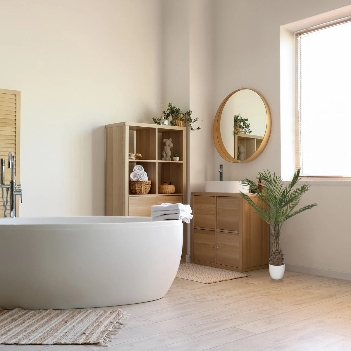 Piante artificiali verdi DRACAENA in un vaso bianco accanto a un mobile sottolavabo per bagno di hjh OFFICE
