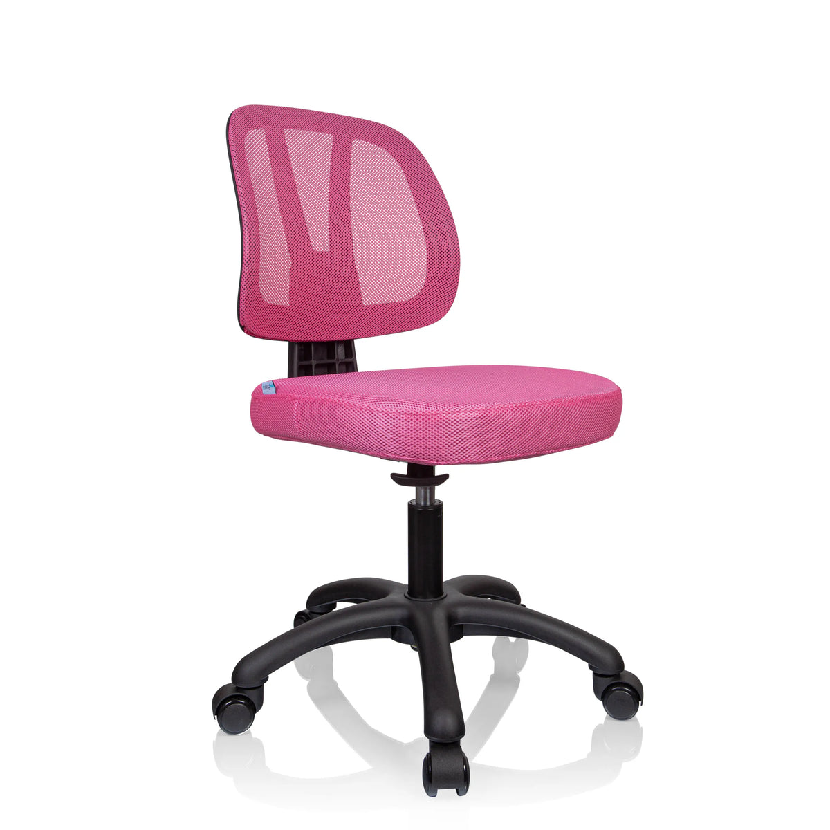 Sedia girevole per bambini KID YU 200 rosa con schienale in rete e base nera a cinque ruote di hjh OFFICE – vista a 360° (vista frontale a tre quarti 45°)